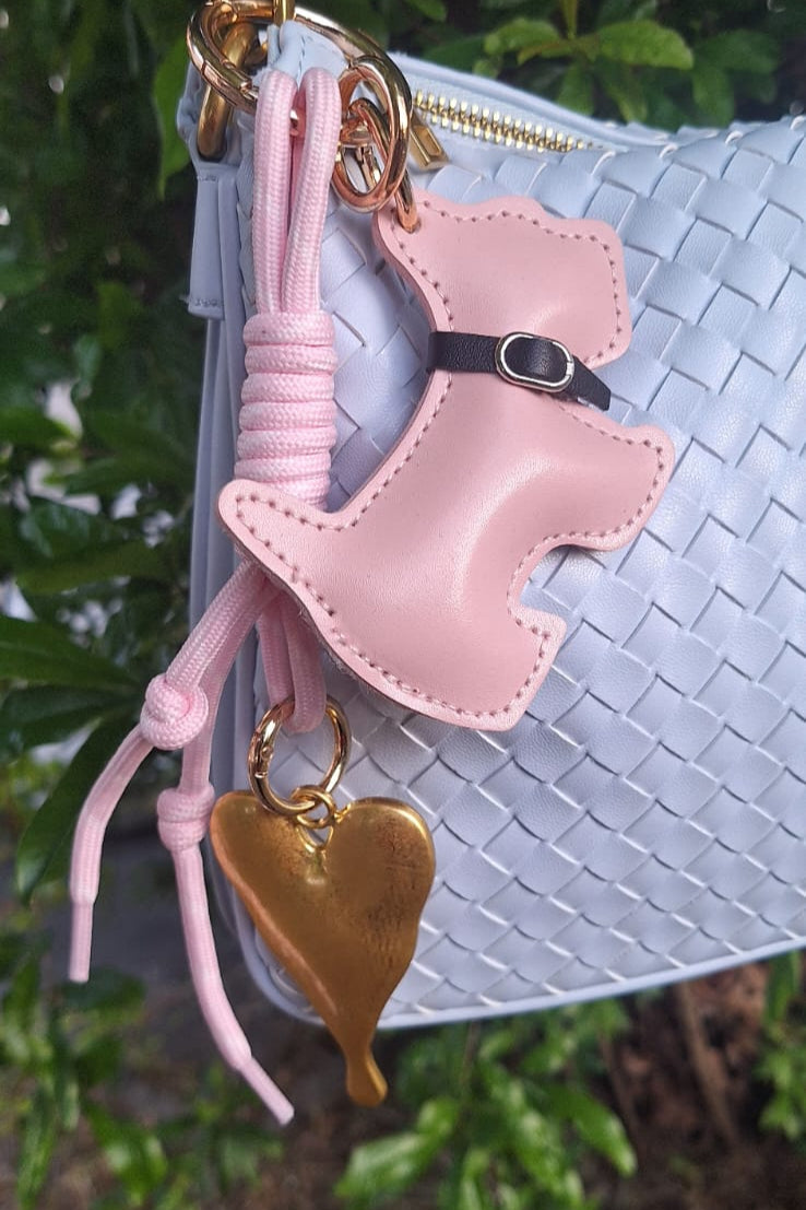 CHARMS CANE ECOPELLE ROSA CON CUORE METALLO ORO