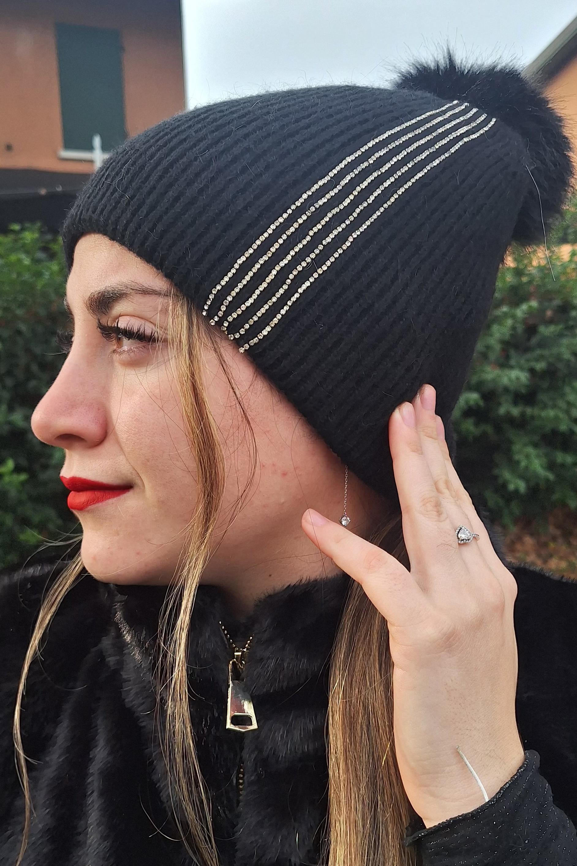 CUFFIA LANA NERA 5 RIGHE STRASS