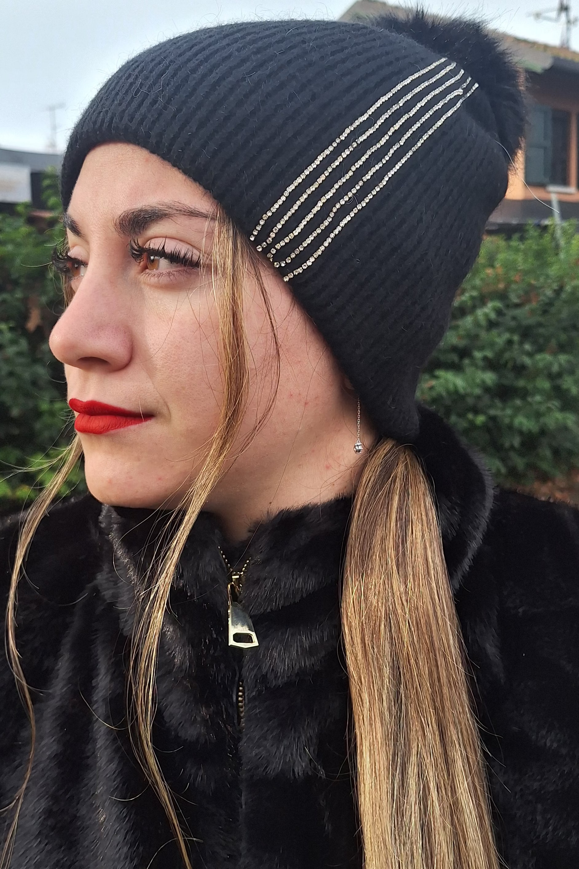 CUFFIA LANA NERA 5 RIGHE STRASS