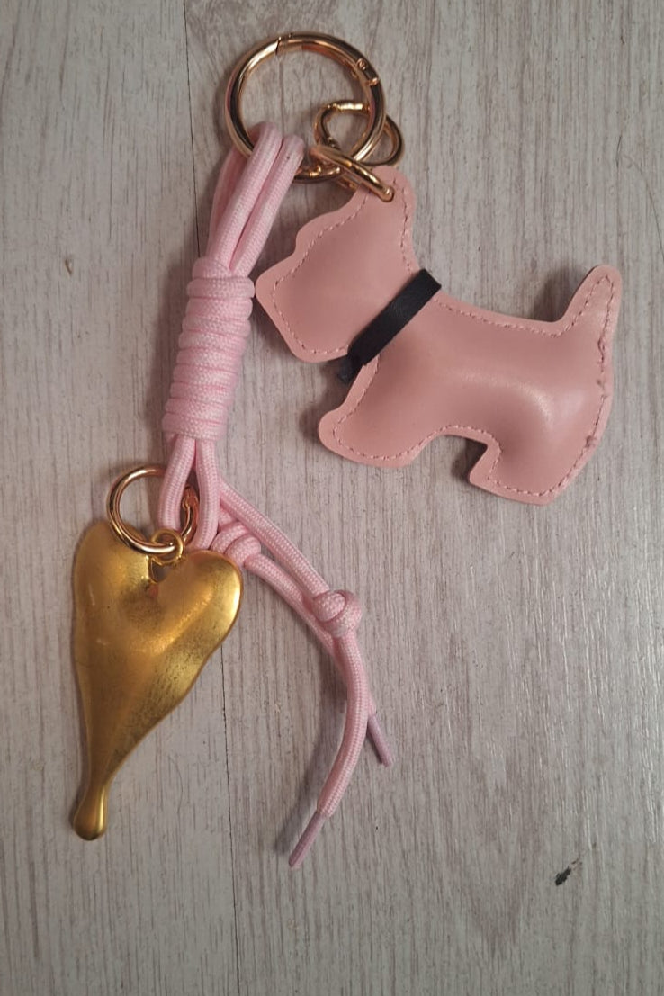 CHARMS CANE ECOPELLE ROSA CON CUORE METALLO ORO