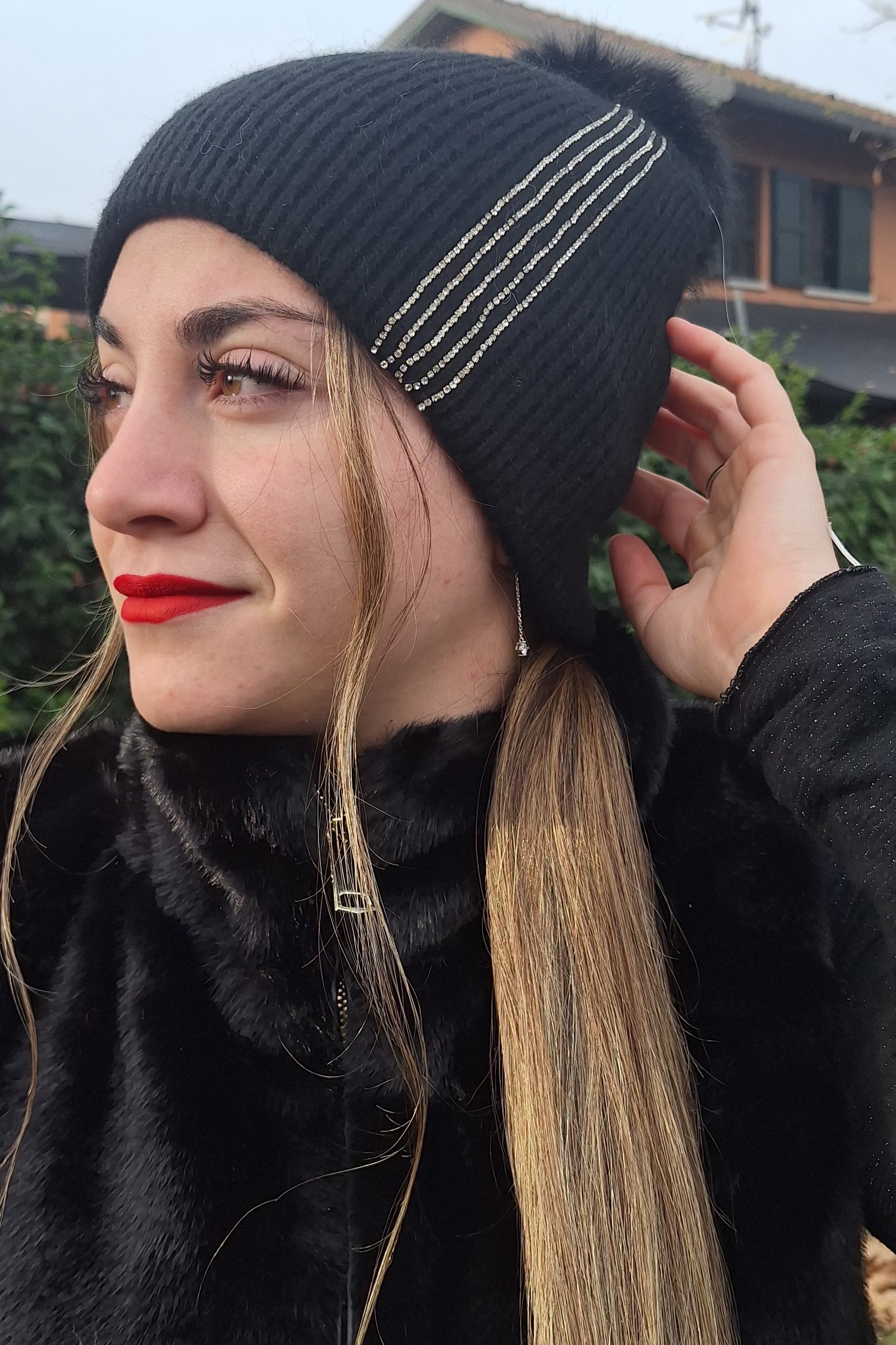 CUFFIA LANA NERA 5 RIGHE STRASS